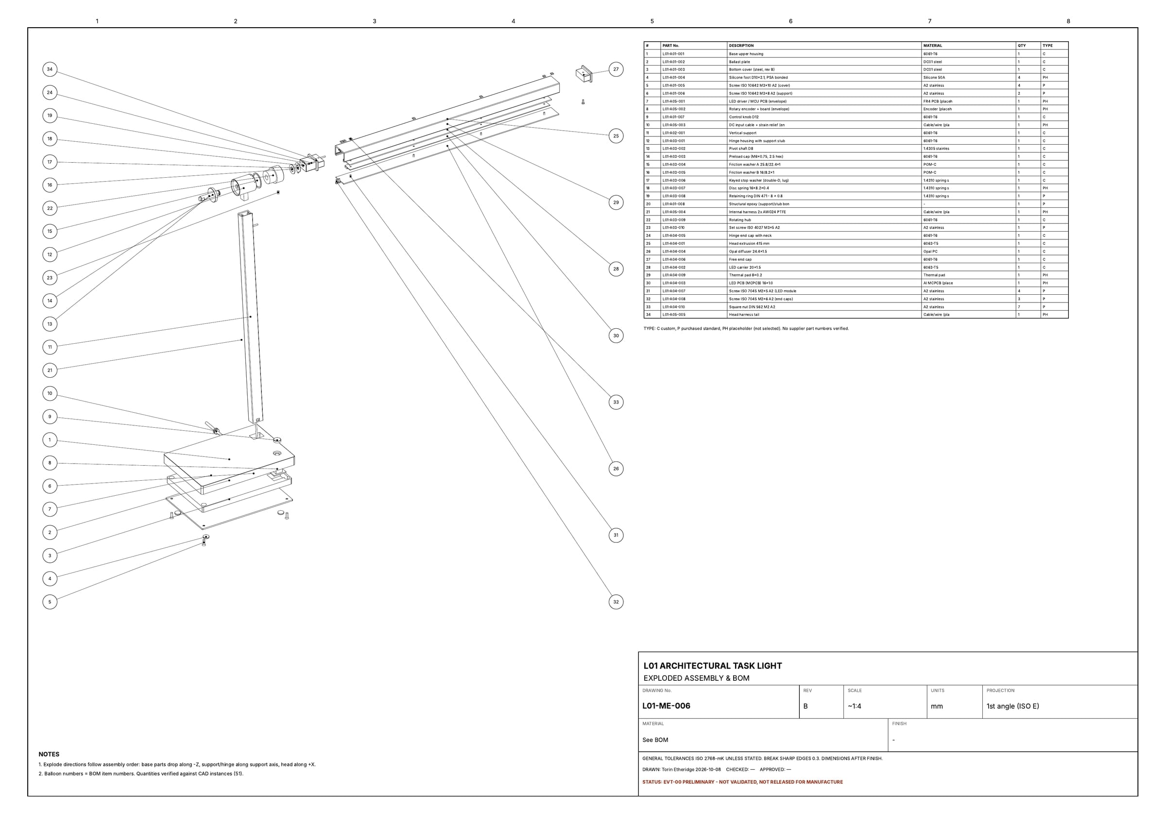 Technical drawing, sheet 6 of 6: the exploded assembly with numbered balloons and a bill of materials.