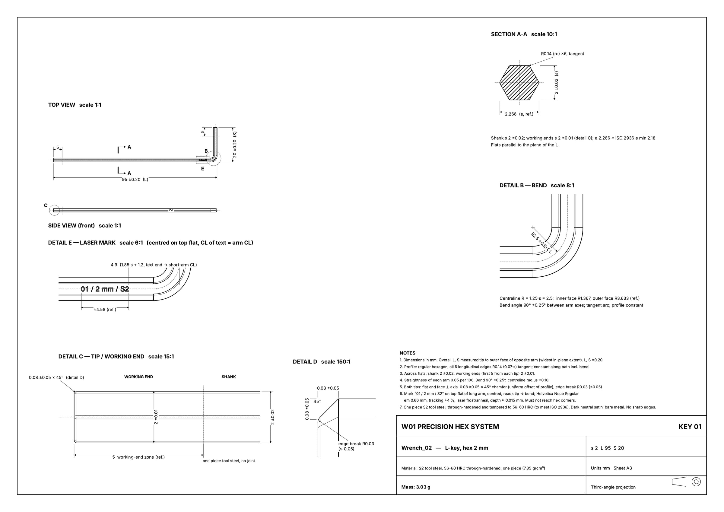 Technical drawing, sheet 1 of 7: the 2 mm wrench.