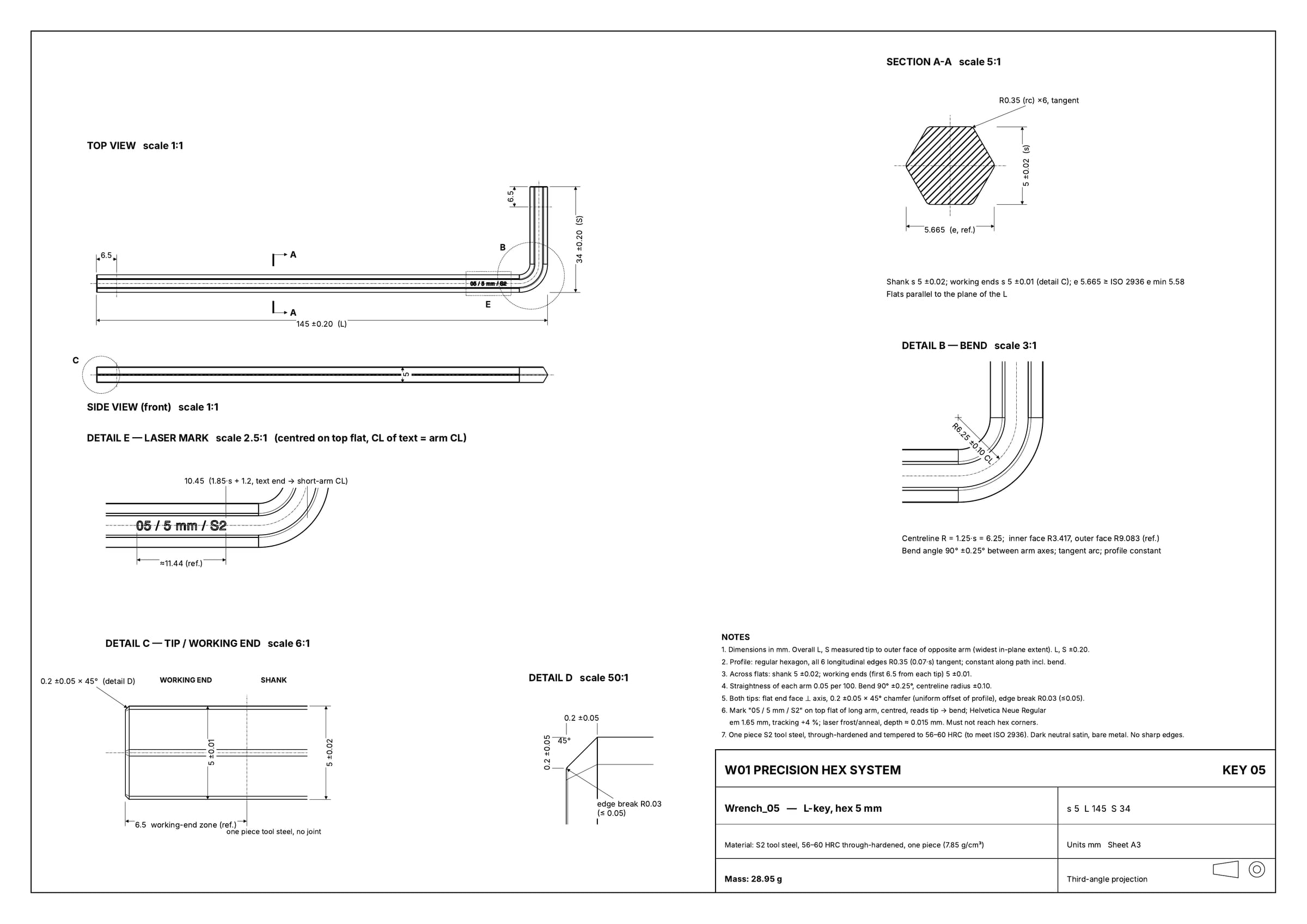 Technical drawing, sheet 5 of 7: the 5 mm wrench in top and side views with section A-A, bend detail, laser mark, tip detail and a notes block.