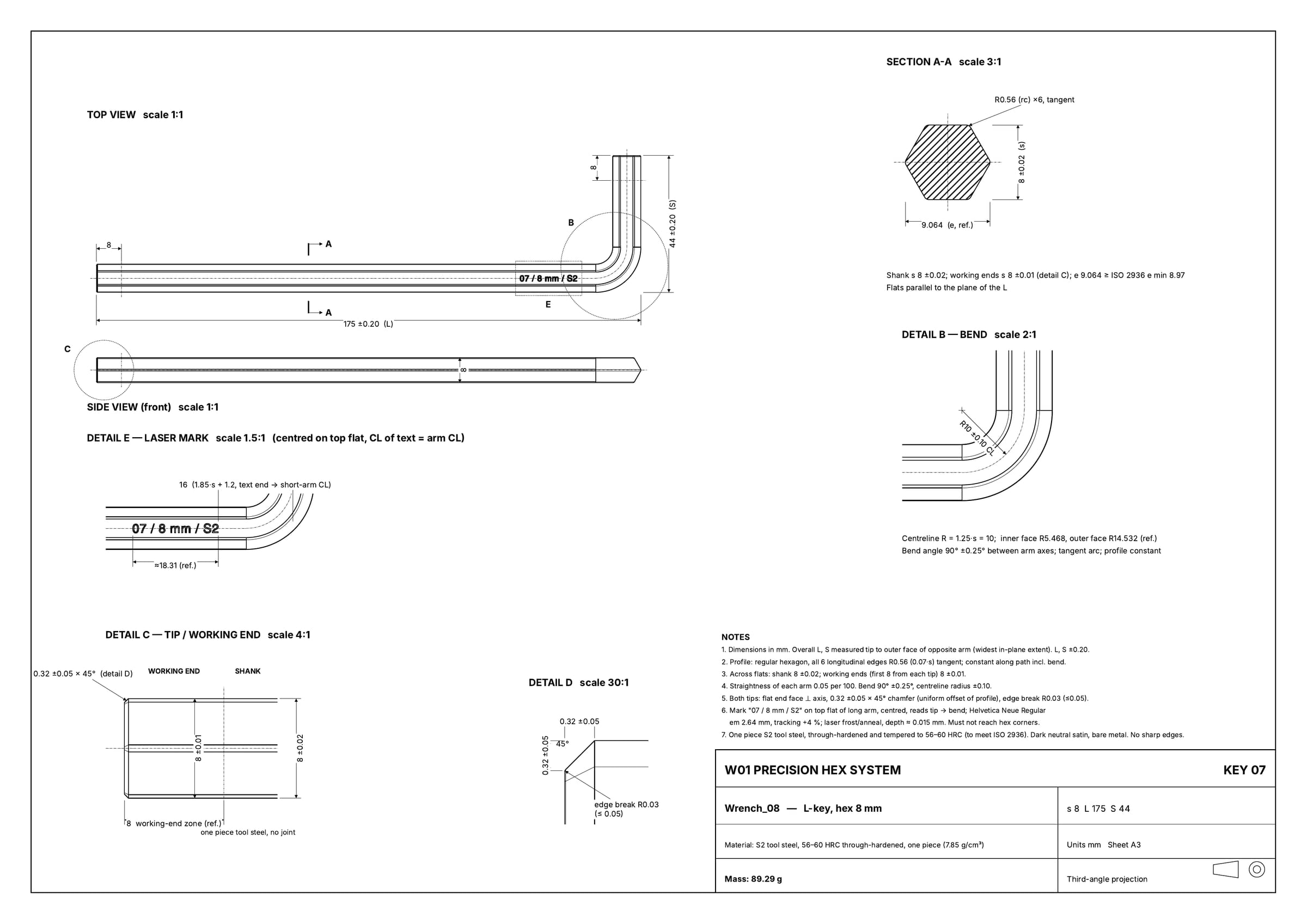 Technical drawing, sheet 7 of 7: the 8 mm wrench.